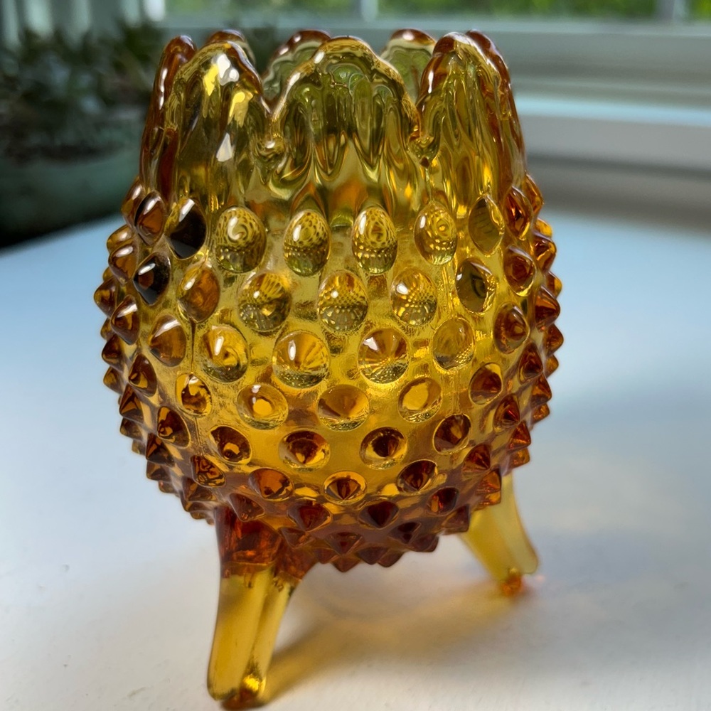 Vintage MCM amber glass egg shaped hobnail rose bowl vase petal rim